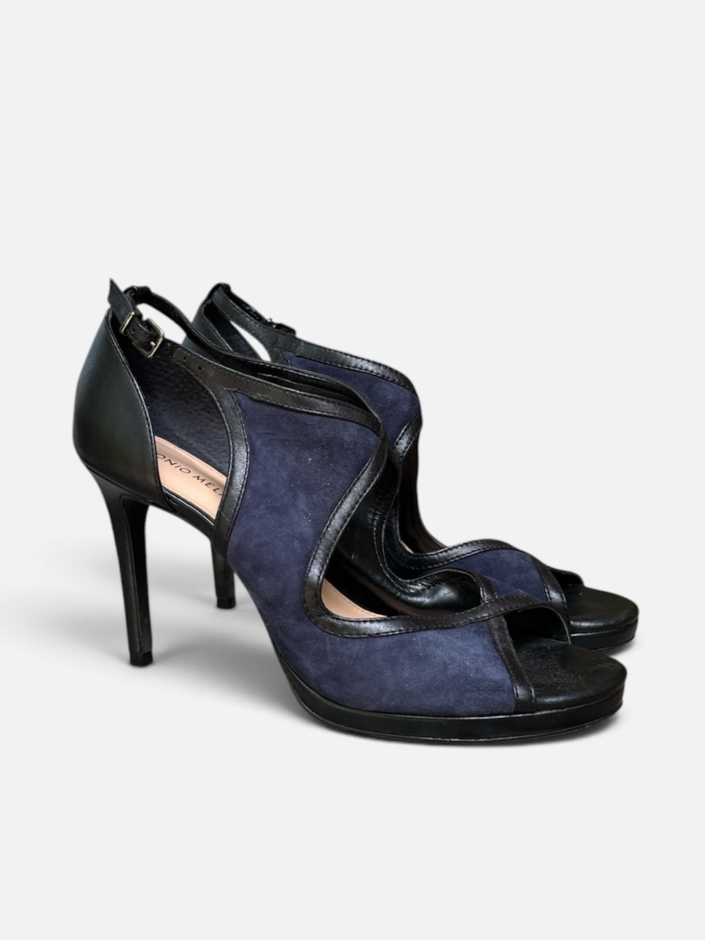 Antonio Melani Cason Navy Blue Suede & Black Leather Peep Toe Heel Size 8